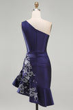 One Shoulder Navy Satin Asymmetrical Ruched Bodycon Mini Cocktail Dress
