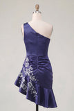 One Shoulder Navy Satin Asymmetrical Ruched Bodycon Mini Cocktail Dress