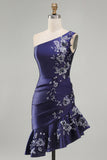 One Shoulder Navy Satin Asymmetrical Ruched Bodycon Mini Cocktail Dress