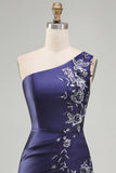 One Shoulder Navy Satin Asymmetrical Ruched Bodycon Mini Cocktail Dress