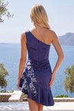 One Shoulder Navy Satin Asymmetrical Ruched Bodycon Mini Cocktail Dress