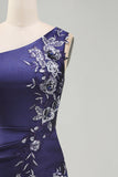 One Shoulder Navy Satin Asymmetrical Ruched Bodycon Mini Cocktail Dress