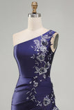 One Shoulder Navy Satin Asymmetrical Ruched Bodycon Mini Cocktail Dress