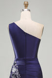 One Shoulder Navy Satin Asymmetrical Ruched Bodycon Mini Cocktail Dress