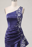 One Shoulder Navy Satin Asymmetrical Ruched Bodycon Mini Cocktail Dress
