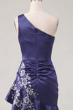 One Shoulder Navy Satin Asymmetrical Ruched Bodycon Mini Cocktail Dress