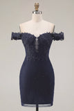 Navy Off the Shoulder Beaded Bodycon Short Prom Dress