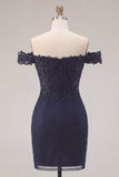 Navy Off the Shoulder Beaded Bodycon Short Prom Dress
