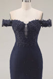 Navy Off the Shoulder Beaded Bodycon Short Prom Dress