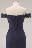 Navy Off the Shoulder Beaded Bodycon Short Prom Dress