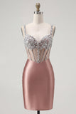 Blush Satin Bodycon Sheer Corset Mini Cocktail Dress with Rhinestones