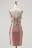Blush Satin Bodycon Sheer Corset Mini Cocktail Dress with Rhinestones