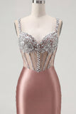 Blush Satin Bodycon Sheer Corset Mini Cocktail Dress with Rhinestones