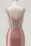 Blush Satin Bodycon Sheer Corset Mini Cocktail Dress with Rhinestones