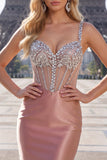 Blush Satin Bodycon Sheer Corset Mini Cocktail Dress with Rhinestones