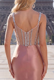 Blush Satin Bodycon Sheer Corset Mini Cocktail Dress with Rhinestones