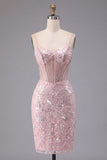 Sparkly Dark Green Floral Corset Bodycon Sequins Short Prom Dress