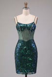 Sparkly Dark Green Floral Corset Bodycon Sequins Short Prom Dress