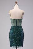 Sparkly Dark Green Floral Corset Bodycon Sequins Short Prom Dress