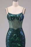 Sparkly Dark Green Floral Corset Bodycon Sequins Short Prom Dress