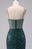 Sparkly Dark Green Floral Corset Bodycon Sequins Short Prom Dress