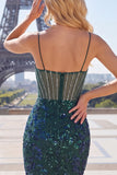 Sparkly Dark Green Floral Corset Bodycon Sequins Short Prom Dress