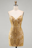 Sparkly Golden Bodycon Sweetheart Sequins Mini Cocktail Dress