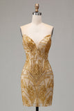 Sparkly Golden Bodycon Sweetheart Sequins Mini Cocktail Dress