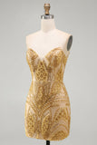 Sparkly Golden Bodycon Sweetheart Sequins Mini Cocktail Dress