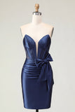 Satin Sweetheart Navy Bodycon Corset Ruched Short Prom Dress with Bow