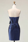 Satin Sweetheart Navy Bodycon Corset Ruched Short Prom Dress with Bow