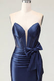 Satin Sweetheart Navy Bodycon Corset Ruched Short Prom Dress with Bow