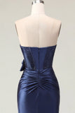 Satin Sweetheart Navy Bodycon Corset Ruched Short Prom Dress with Bow