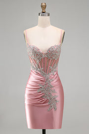 Satin Blush Bodycon Corset Ruched Short Prom Dress with Rhinestones
