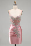 Satin Blush Bodycon Corset Ruched Short Prom Dress with Rhinestones