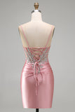 Satin Blush Bodycon Corset Ruched Short Prom Dress with Rhinestones