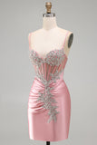 Satin Blush Bodycon Corset Ruched Short Prom Dress with Rhinestones