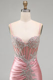 Satin Blush Bodycon Corset Ruched Short Prom Dress with Rhinestones