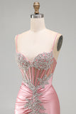 Satin Blush Bodycon Corset Ruched Short Prom Dress with Rhinestones