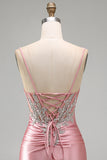 Satin Blush Bodycon Corset Ruched Short Prom Dress with Rhinestones