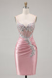 Satin Blush Bodycon Corset Ruched Short Prom Dress with Rhinestones