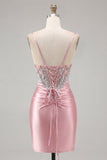 Satin Blush Bodycon Corset Ruched Short Prom Dress with Rhinestones