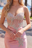 Satin Blush Bodycon Corset Ruched Short Prom Dress with Rhinestones