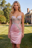 Satin Blush Bodycon Corset Ruched Short Prom Dress with Rhinestones