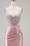Satin Blush Bodycon Corset Ruched Short Prom Dress with Rhinestones