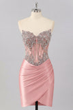 Satin Blush Sweetheart Bodycon Corset Ruched Short Prom Dress with Rhinestones