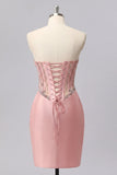 Satin Blush Sweetheart Bodycon Corset Ruched Short Prom Dress with Rhinestones