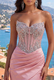 Satin Blush Sweetheart Bodycon Corset Ruched Short Prom Dress with Rhinestones