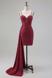 Burgundy Bodycon Corset Ruched Beaded Short Prom Dress with Side Cape