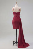Burgundy Bodycon Corset Ruched Beaded Short Prom Dress with Side Cape
